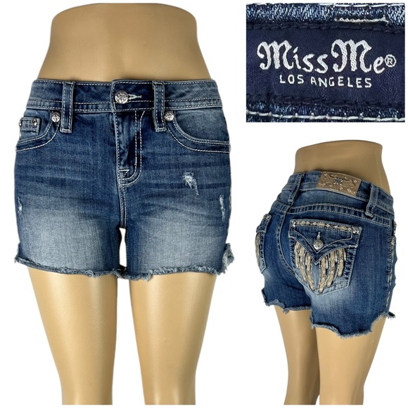 Miss Me Womens 27 Mid Rise Shorts Cotton Blend Stretch Distressed Blue Denim - Picture 1 of 12